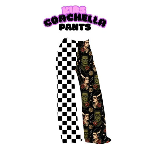 KIDS:  Franken Spooky Bride Bamboo SPLIT Black Check + Franken Wide Leg Retro Pants! Goth KIDS!