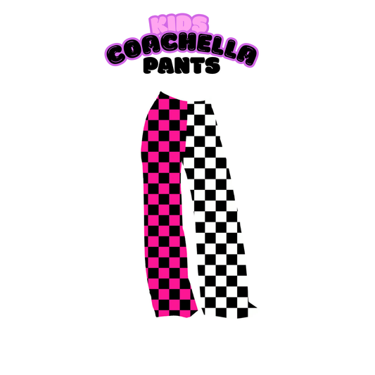 KIDS: Solid Hot Pink and Black Check Bamboo Wide Leg Pants! Y2K Girl! Cool Kid Summer!