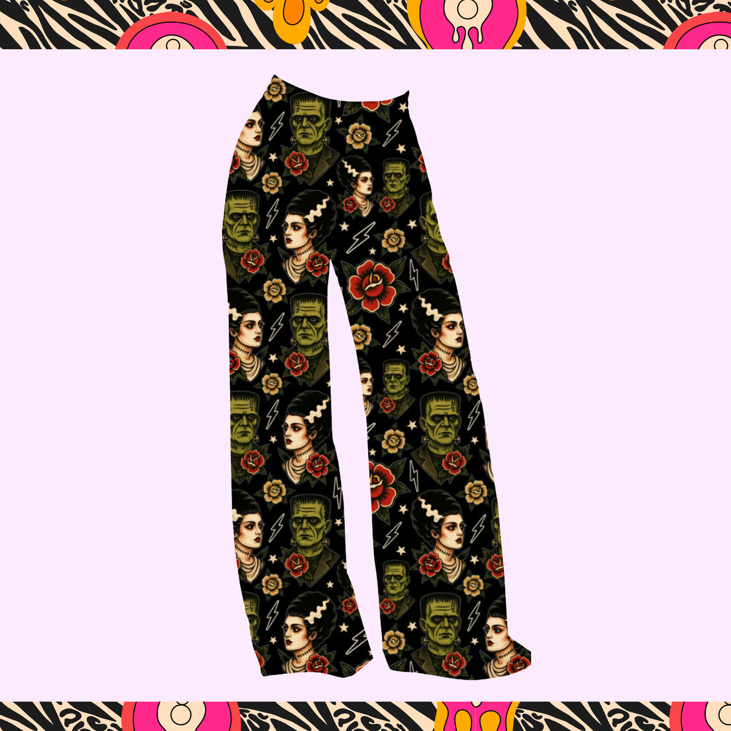 Adult: Franken Spooky Bride Bamboo Solid Print PANTS! 3 INSEAM LENGTHS! Trad Tattoo + Frank + Universal Monsters!