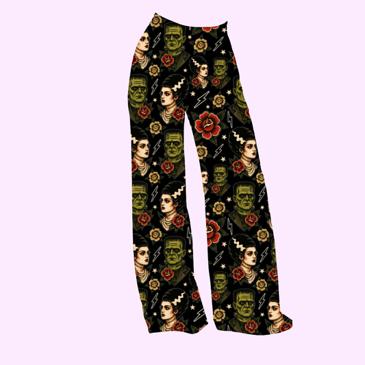 Adult: Franken Spooky Bride Bamboo Solid Print PANTS! 3 INSEAM LENGTHS! Trad Tattoo + Frank + Universal Monsters!