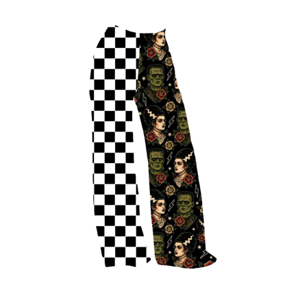 KIDS:  Franken Spooky Bride Bamboo SPLIT Black Check + Franken Wide Leg Retro Pants! Goth KIDS!