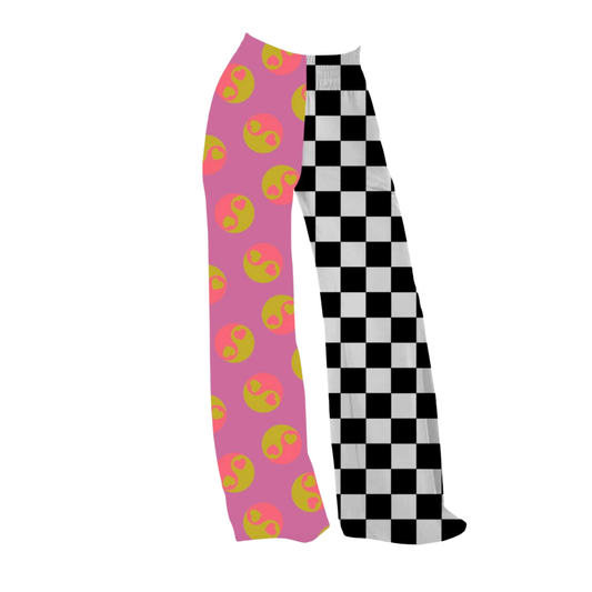 Adult: 1990s Ying Yang + Check Y2K GIRL Wide Leg Bamboo Pants! Bright Colors! Super Rad