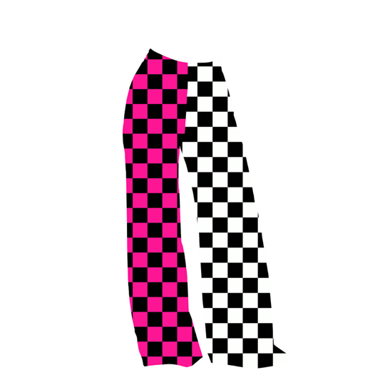 Adult:  Colorblock Hot Pink Check + Black and White Check Wide Leg Bamboo Pants! Summercore!