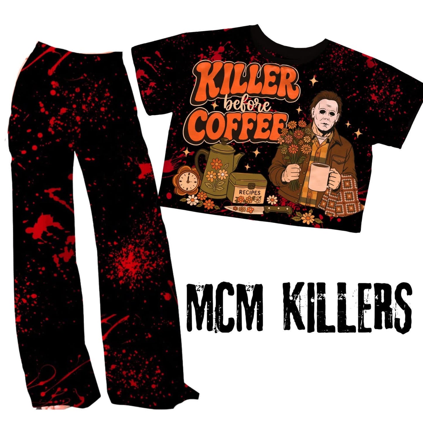Adult:  Grannycore Killers Blood Splatter Bamboo Ghoulchella Pants! 3 INSEAMS!  Solid Splatter