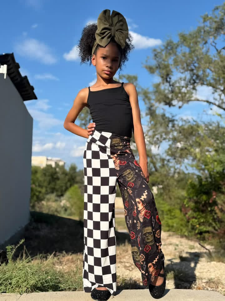 Ready to Ship - KIDS: Nightmare Duo Ghoulchella Wide Leg Pants! Jack + Sally! Boho + Nightmare! Halloween Pants!