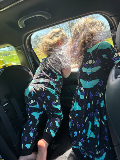 NEW Ready to Ship--Adult + Kid-- Light the Way Lunar Moth + Bee Witchy Black and Teal Bamboo Twirl Dress!