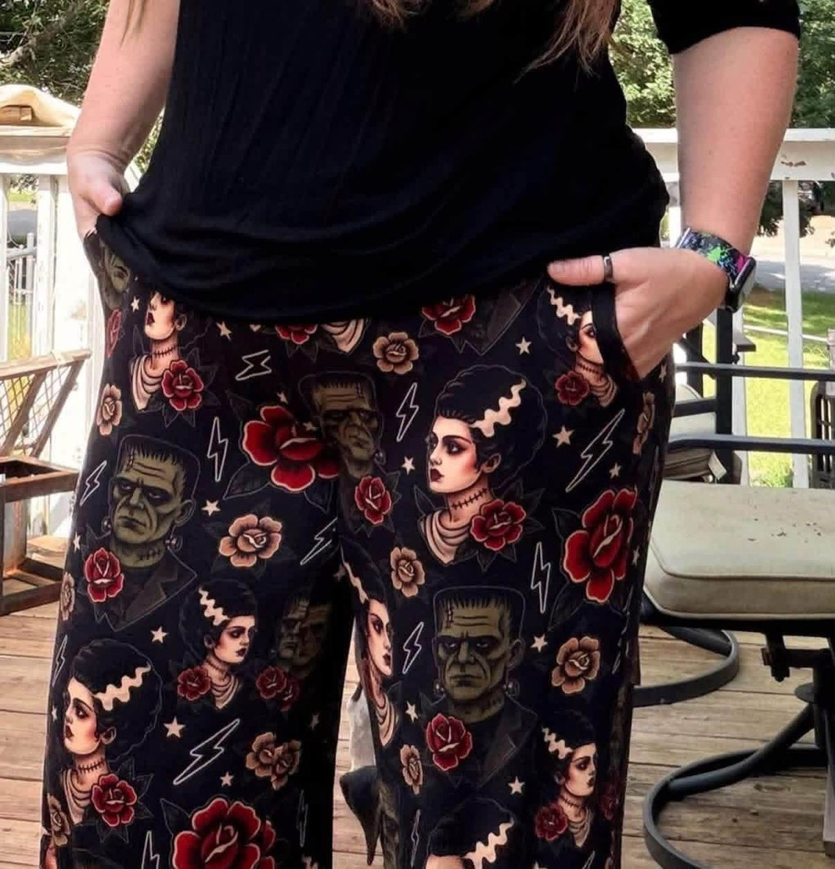 Ready to Ship- Adult: Franken Spooky Bride Bamboo Solid Print PANTS! Horror Nights Trad Tattoo + Frank + Universal Monsters!
