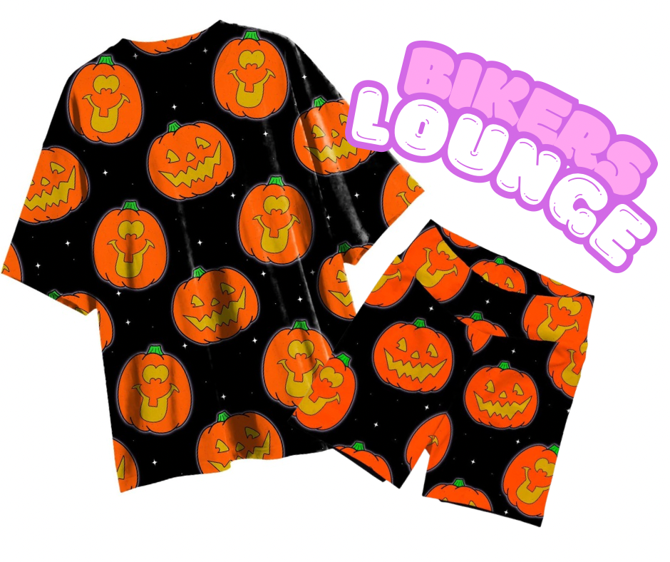 Kids + Adult: NEW Bikers + Oversized Lounge Shirt Set! 90s Pumpkin + Spider Web! Retrocore