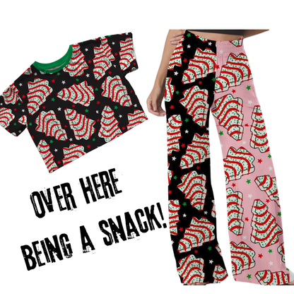 Adult:  Christmas Tree Cakes Festive Wideleg Dopamine Dressing Ghoulchella Christmas Pants