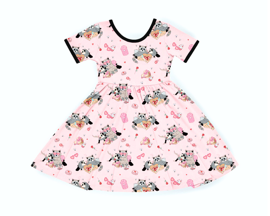 Kids + Adult - Trash Besties Valentines Love Opossum + Raccoon Valentines Babydoll Twirl Dress! PINK + Vday moments!