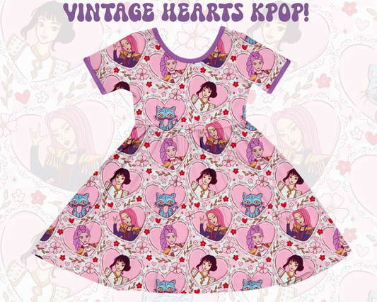 Kids + Adult-Pink Demon Hunters Huntrixxx VINTAGE HEART KPOP BambOO Twirl Dress!