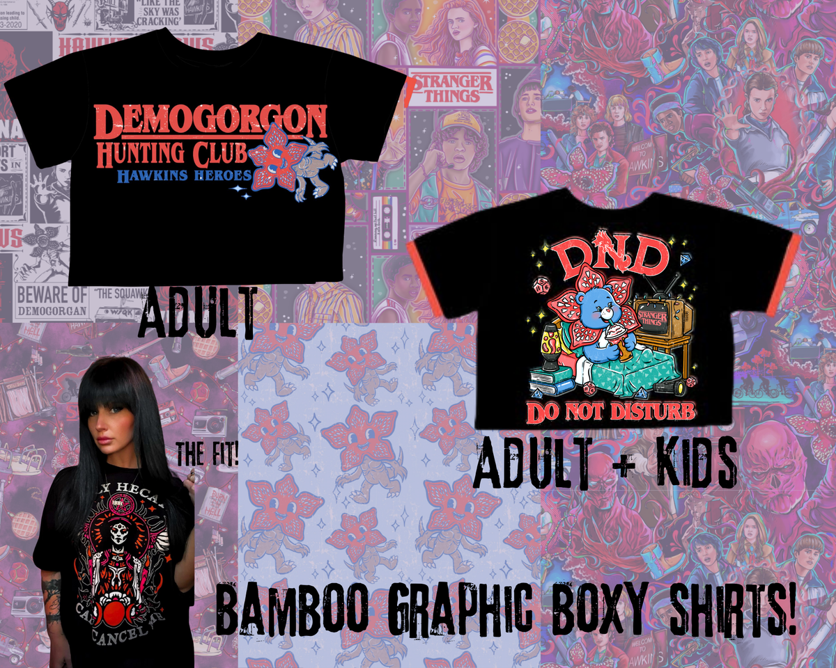 Ready to Ship! Adult-- Hunt Demogorgon Retro Bamboo BOXY Graphic Ringer Tshirt! Black + Red Retro Cute Demo GRAPHIC Shirt! Hunting boxy