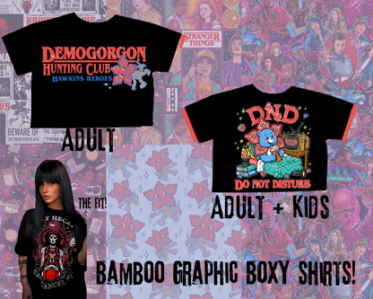 Ready to Ship! Adult-- Hunt Demogorgon Retro Bamboo BOXY Graphic Ringer Tshirt! Black + Red Retro Cute Demo GRAPHIC Shirt! Hunting boxy