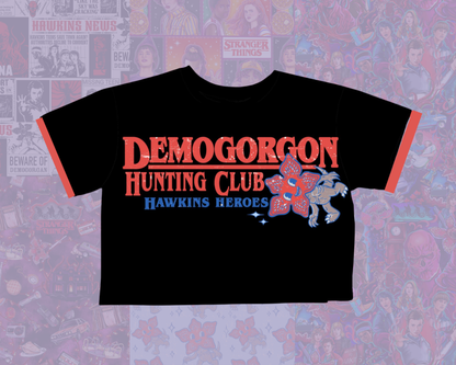 Ready to Ship! Adult-- Hunt Demogorgon Retro Bamboo BOXY Graphic Ringer Tshirt! Black + Red Retro Cute Demo GRAPHIC Shirt! Hunting boxy