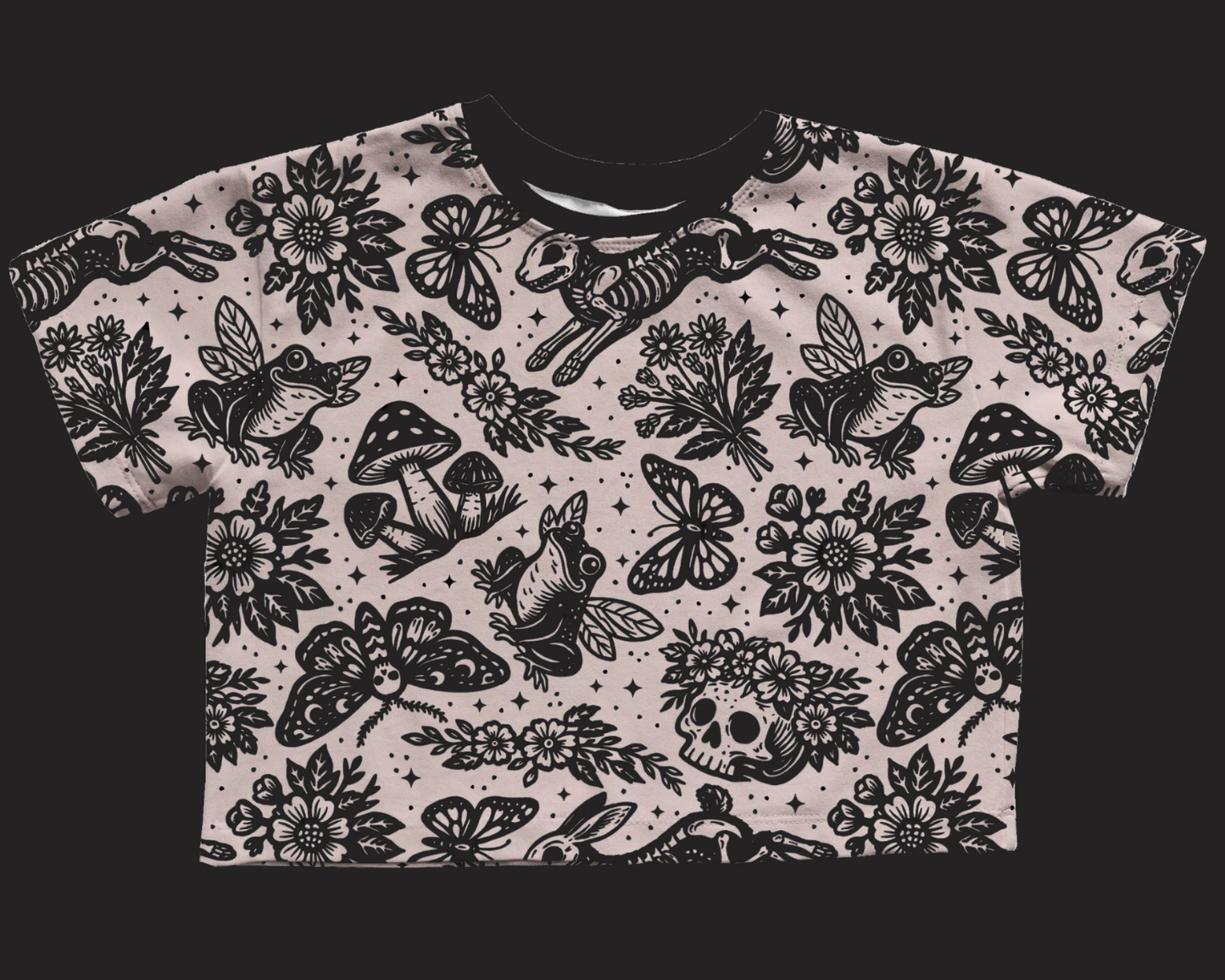 Adult--Magical Cream Cottagecore Spooky Spring Bamboo Boxy Shirt! Goth + Witchy Frogs, Skulls! Ostara Boxy