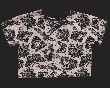 Adult--Magical Cream Cottagecore Spooky Spring Bamboo Boxy Shirt! Goth + Witchy Frogs, Skulls! Ostara Boxy