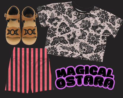 Adult--Magical Cream Cottagecore Spooky Spring Bamboo Boxy Shirt! Goth + Witchy Frogs, Skulls! Ostara Boxy