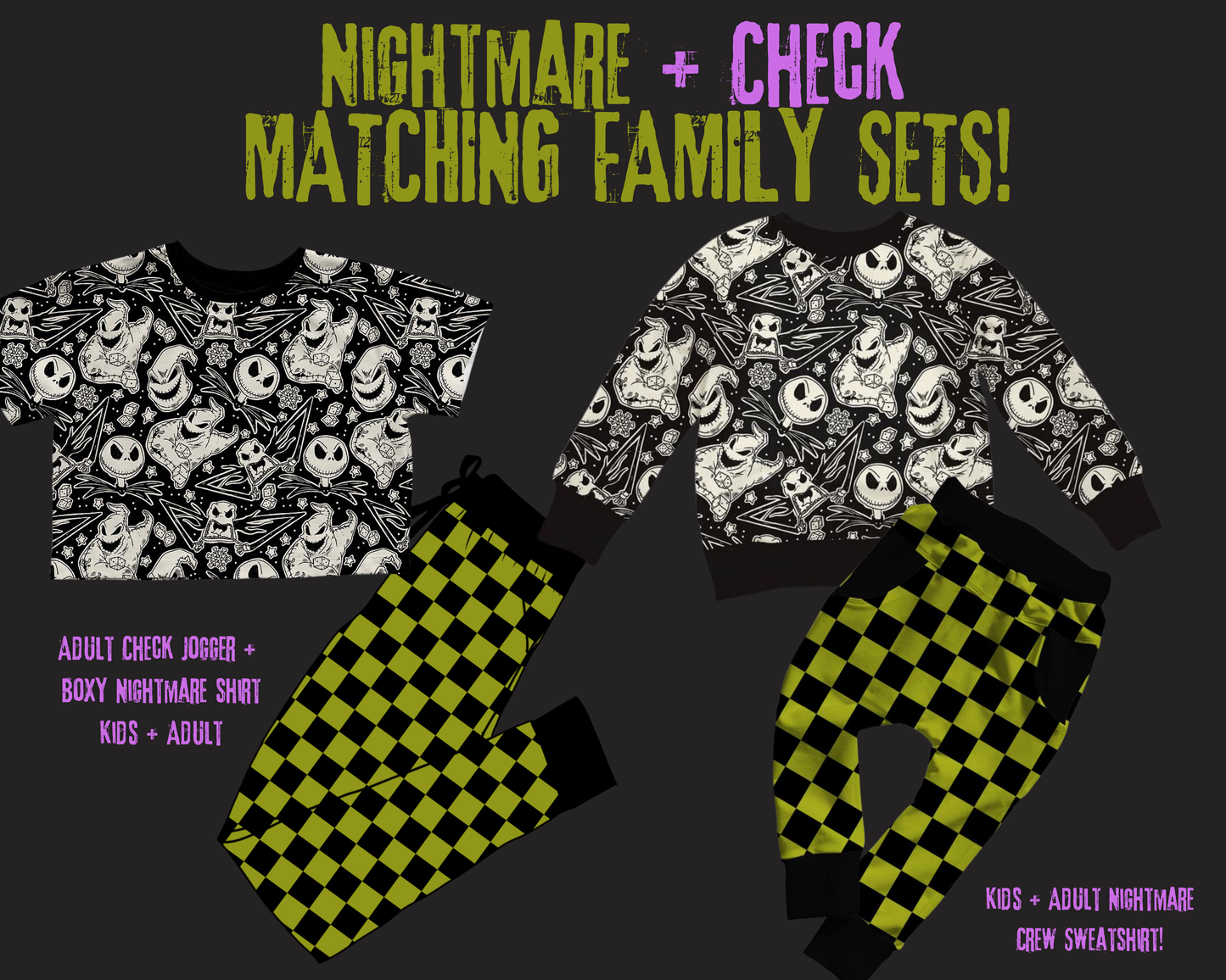 Ready to Ship- Adult Christmas Oogie Grunge Green Check Modern Bamboo Joggers! Perfect to pair with Nightmare Boxy! Adult Green Check