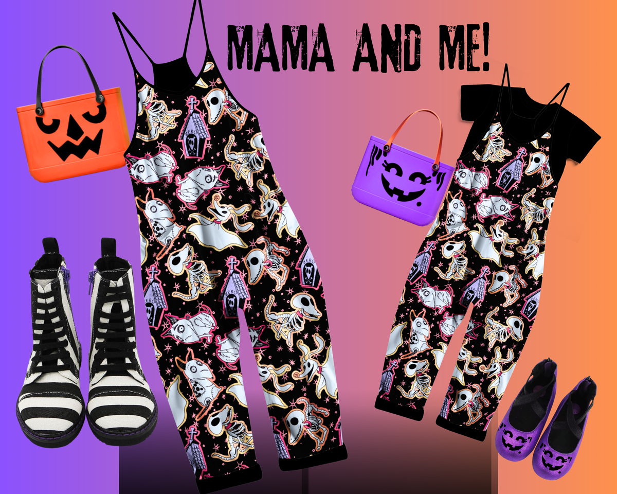 Ready to SHip! Kids + Adult Spooky Soft goth Burton Pup Undead Sidekicks BamBOOOO Overalls! Not So Scary!