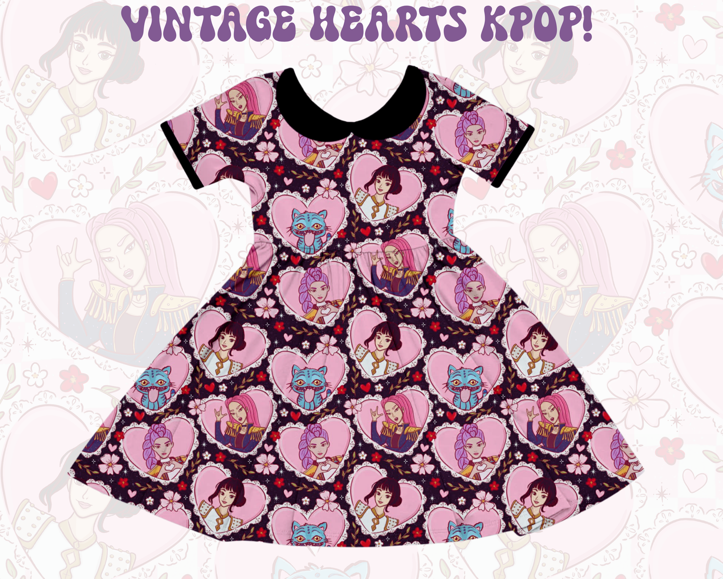 Kids + Adult-BLACK + PINK Peter Pan Collar Demon Hunters Huntrixxx VINTAGE HEART KPOP BambOO Twirl Dress!  BLACK HEART