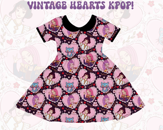 Kids + Adult-BLACK + PINK Peter Pan Collar Demon Hunters Huntrixxx VINTAGE HEART KPOP BambOO Twirl Dress!  BLACK HEART