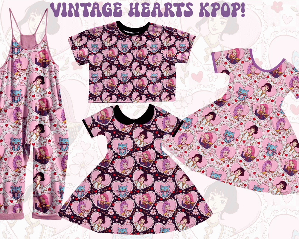 Kids + Adult-BLACK + PINK Peter Pan Collar Demon Hunters Huntrixxx VINTAGE HEART KPOP BambOO Twirl Dress!  BLACK HEART