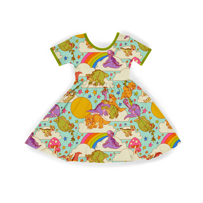 Kids + Adult-- Retro Land Before Time Dinosaurs 90s Movie Magic Twirl Dress! Rainbows + Littlefoot!