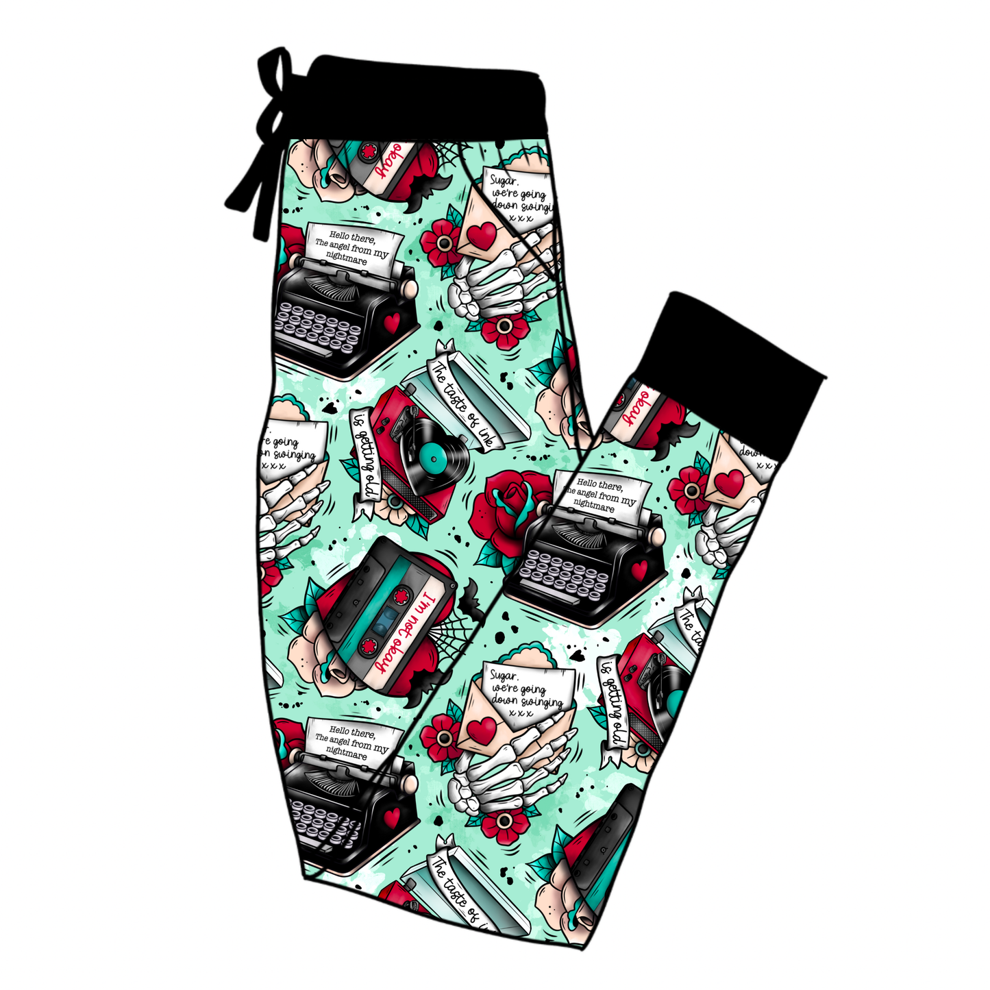 Adult-  Emotines MySpace or Yours traditional tattoo bamboo joggers! Yoga waist band, no slip! Comfy modern! Song lyrics+ elder millennial🖤