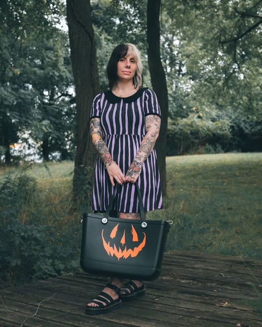 Ready to Ship--Adult + Kid--Halloween Lavender Stripe ALT Twirl Dress w/ Peter Pan Collar!