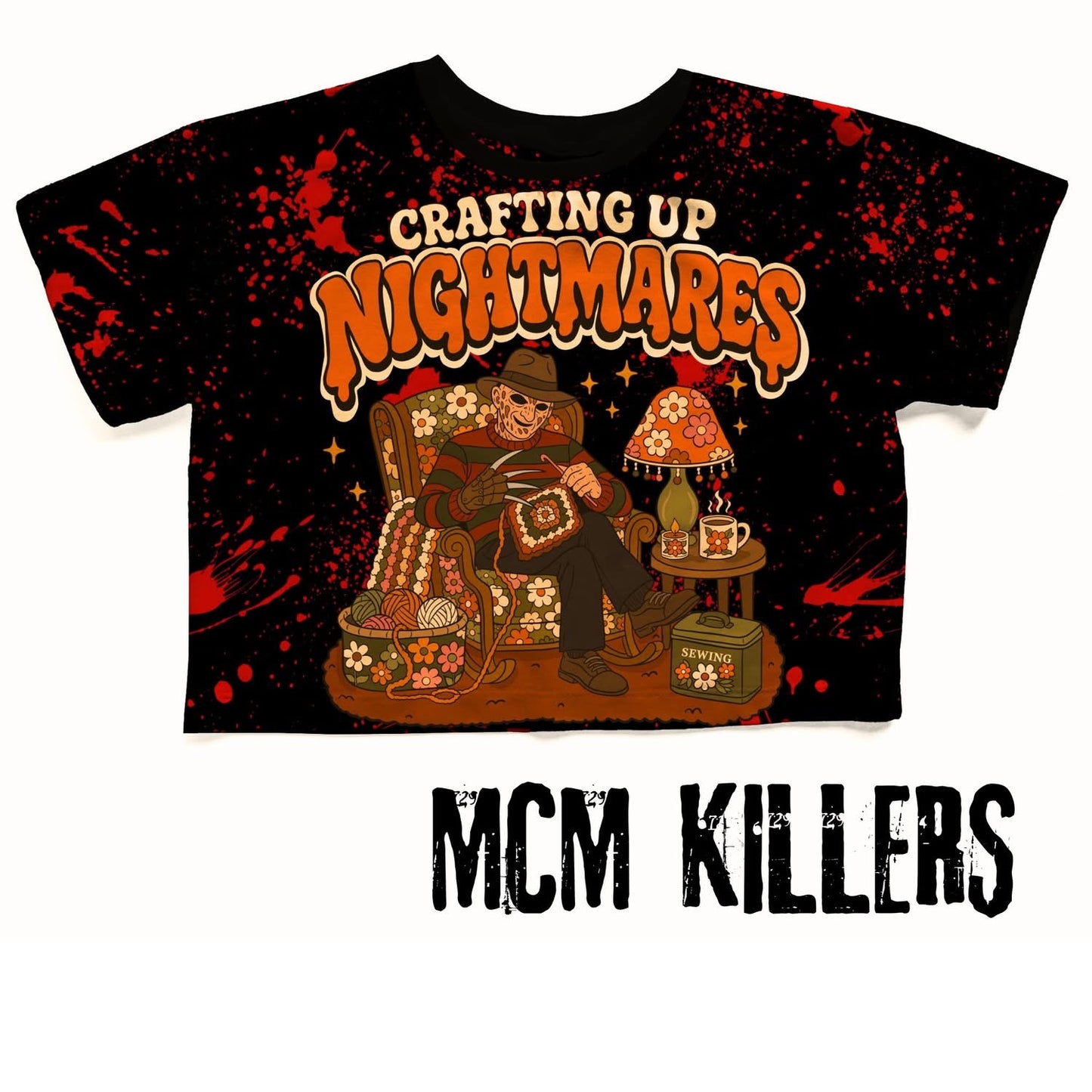 Adult Slasher Summer Crafting up Nightmares Freddy 1970s Grannycore Living Room Splatter Boxy Shirt!