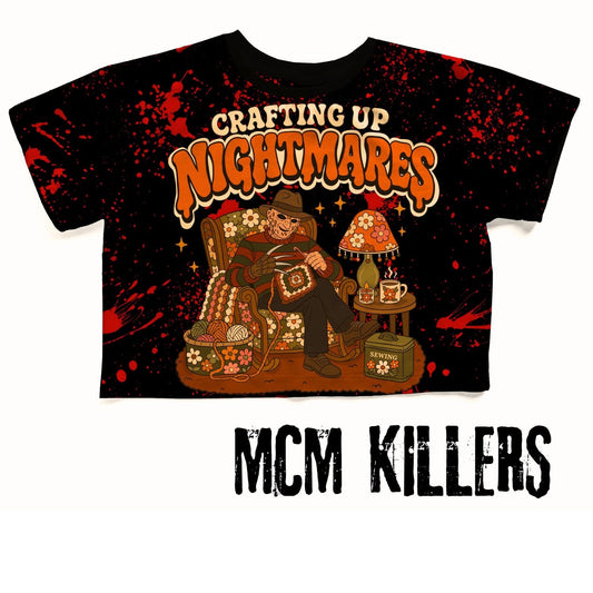 Adult Slasher Summer Crafting up Nightmares Freddy 1970s Grannycore Living Room Splatter Boxy Shirt!