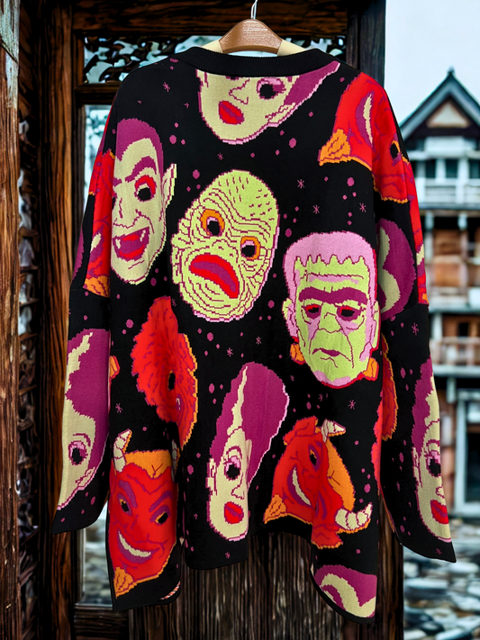 The NEW Alt Spooky 1980s Halloween Masks Oversized Grandpa Sweater + Cardigan ! Pockets!
