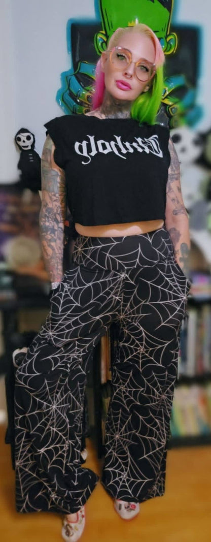 Adult: Goosybumps + Horrorland Spider Web Split Print Ghoulchella Pants! Wide Leg + 3 Inseams! Scary Stories!