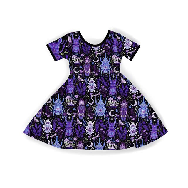 Kids Mystic Purple Beetle Botanica Altar Bamboo Babydoll Twirl Dress! POCKETS! PURPLE