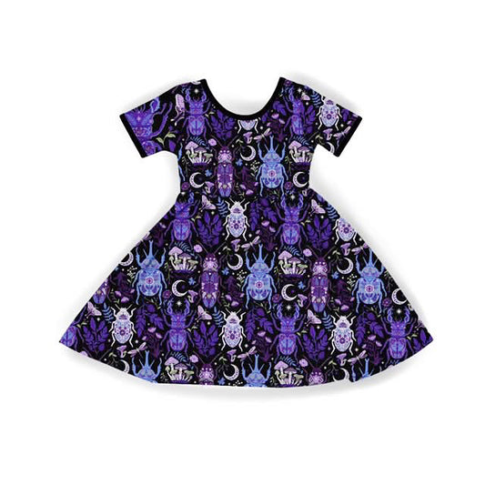 Kids Mystic Purple Beetle Botanica Altar Bamboo Babydoll Twirl Dress! POCKETS! PURPLE