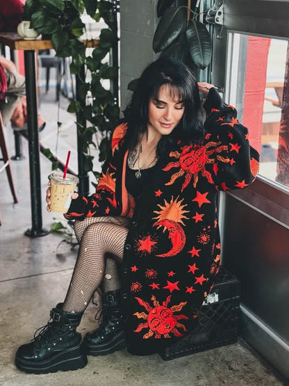 Ready to ship -- New Rune + Altar Whimsigoth 90s Celestial Black + Rust grandpa Sweater