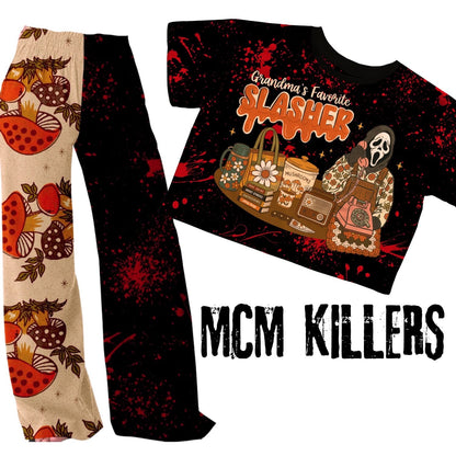 Adult:  Grannycore Killers Merry Mushrooms + Blood Splatter Bamboo Ghoulchella Pants! 3 INSEAMS!