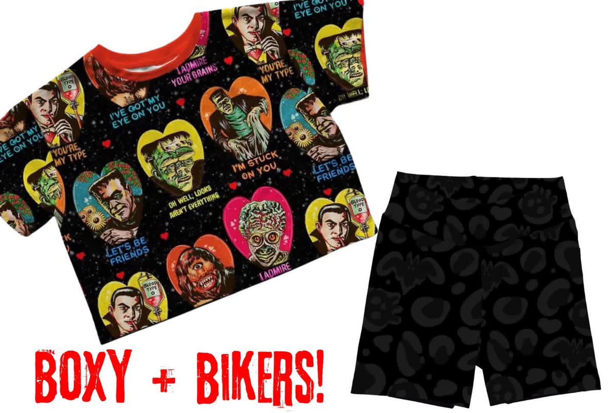 Adult: Spooky Ghoul Black Basic Biker Shorts! Cotton + Bamboo Blend! Yoga waistband! Skulls + Bats + BLACK!