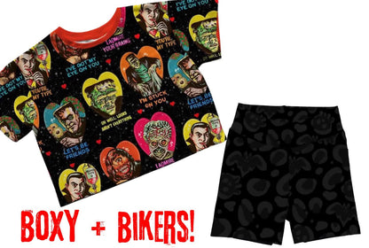 Adult: Spooky Ghoul Black Basic Biker Shorts! Cotton + Bamboo Blend! Yoga waistband! Skulls + Bats + BLACK!