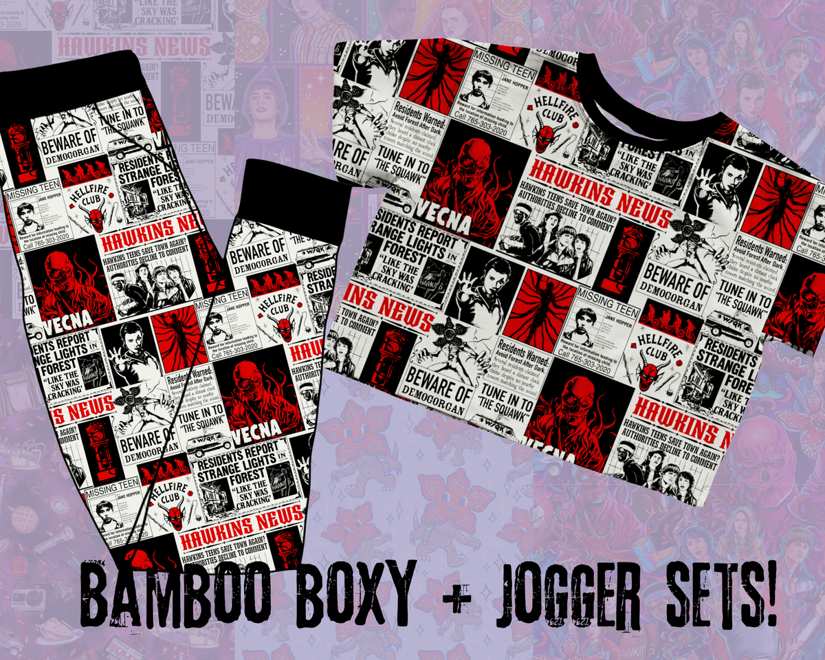 Ready to Ship! Adult-  Retro Headlines Stranger  Bamboo Adult Joggers! Venca, hellfire, Hawkins! 80s headlines Joggers Horror Nights!