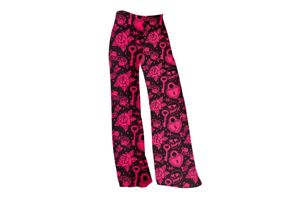 Adult: Trad Tattoo Love Solid Print Ghoulchella wide Leg pants! Pink + Black! 3 inseams! Roses + Skulls!