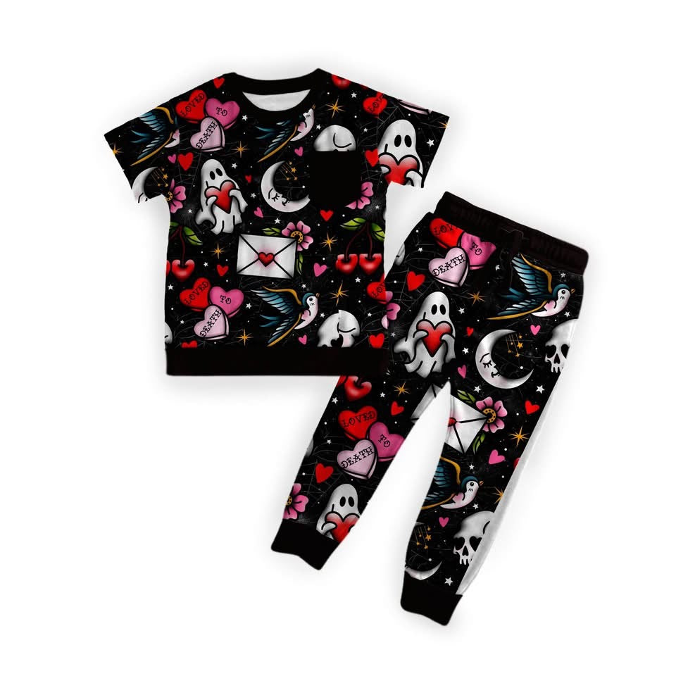 New KIDS Traditional tattoo Valloween two piece jogger and pocket t set! Sparrows + ghosties + spooky vday! Year round!