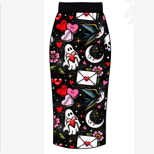 Adult-  Loved to Death! Trad tattoo Valloween spooky Halloween midi skirt! Ghosties + loves + celestial!