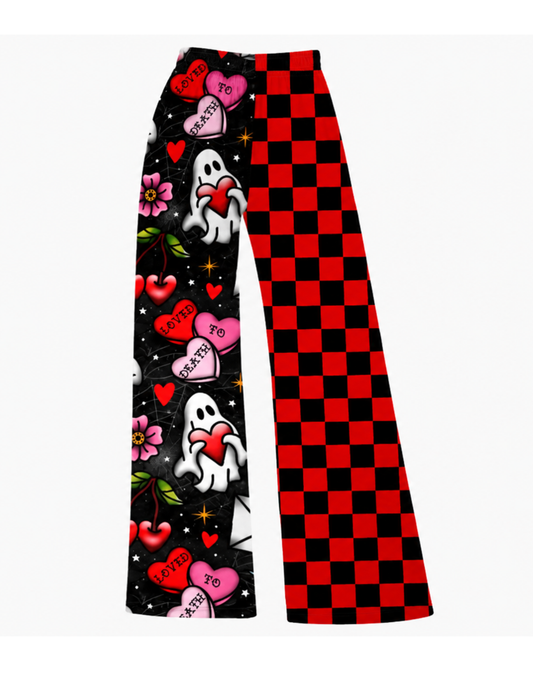 Adult: Spooky love to death Tattoo Love Solid Print Ghoulchella wide Leg pants! Split red check! Ghosties + love letters + candy hearts