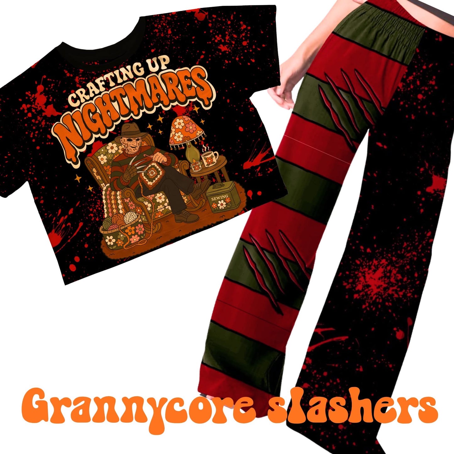 Adult:  Grannycore Killers Nightmare + Blood Splatter Bamboo Ghoulchella Pants! 3 INSEAMS!  Solid Splatter Freddy