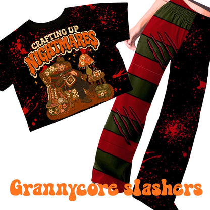 Adult:  Grannycore Killers Nightmare + Blood Splatter Bamboo Ghoulchella Pants! 3 INSEAMS!  Solid Splatter Freddy