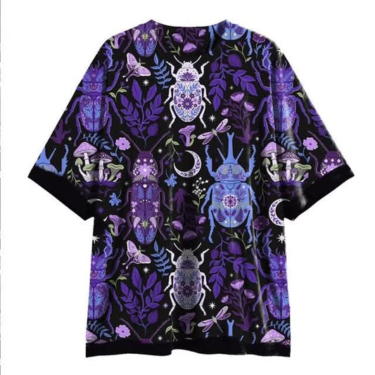 Adult Mystic Purple Cottagecore Beetle Botanica Magical Bamboo Lounge Shirt! Perfect tshirt dress or bikers! Purple + black shrooms