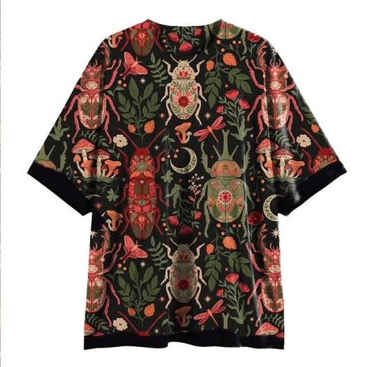 Adult Winter Jewel Tone Cottagecore Beetle Botanica Magical Bamboo Lounge Shirt! Perfect tshirt dress/ sleep shirt or with bikers! GREEN + RED shrooms