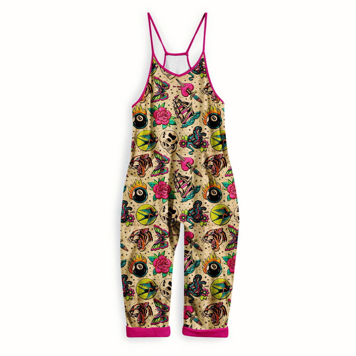 Ready to Ship -Kids + Adult: Retro Neon Jerry Tattoo Bamboo Traditional Tattoo Overalls! Sparrow, Skull, Ship!