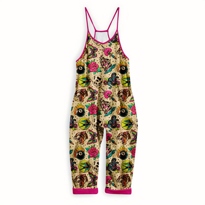 Ready to Ship -Kids + Adult: Retro Neon Jerry Tattoo Bamboo Traditional Tattoo Overalls! Sparrow, Skull, Ship!